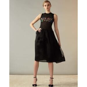 NWT Cynthia Rowley Express Yourself Organza Black Gems Black Midi Dress Silk 8
